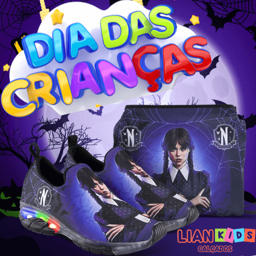 👟 Tênis Meia Infantil LED Wandinha + Bolsa – Brilhe no Dia das Crianças com 20% OFF! 👟
