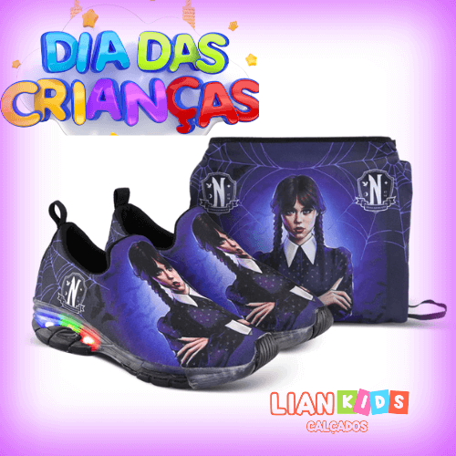 👟 Tênis Meia Infantil LED Wandinha + Bolsa – Brilhe no Dia das Crianças com 20% OFF! 👟