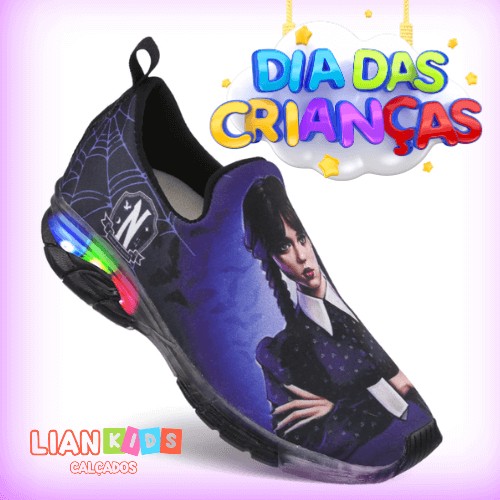 👟 Tênis Meia Infantil LED Wandinha + Bolsa – Brilhe no Dia das Crianças com 20% OFF! 👟